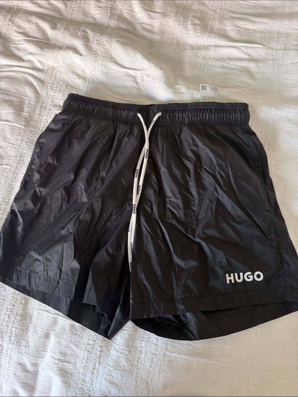 HUGO Black Athletic Swim Shorts with White Branded Drawstring